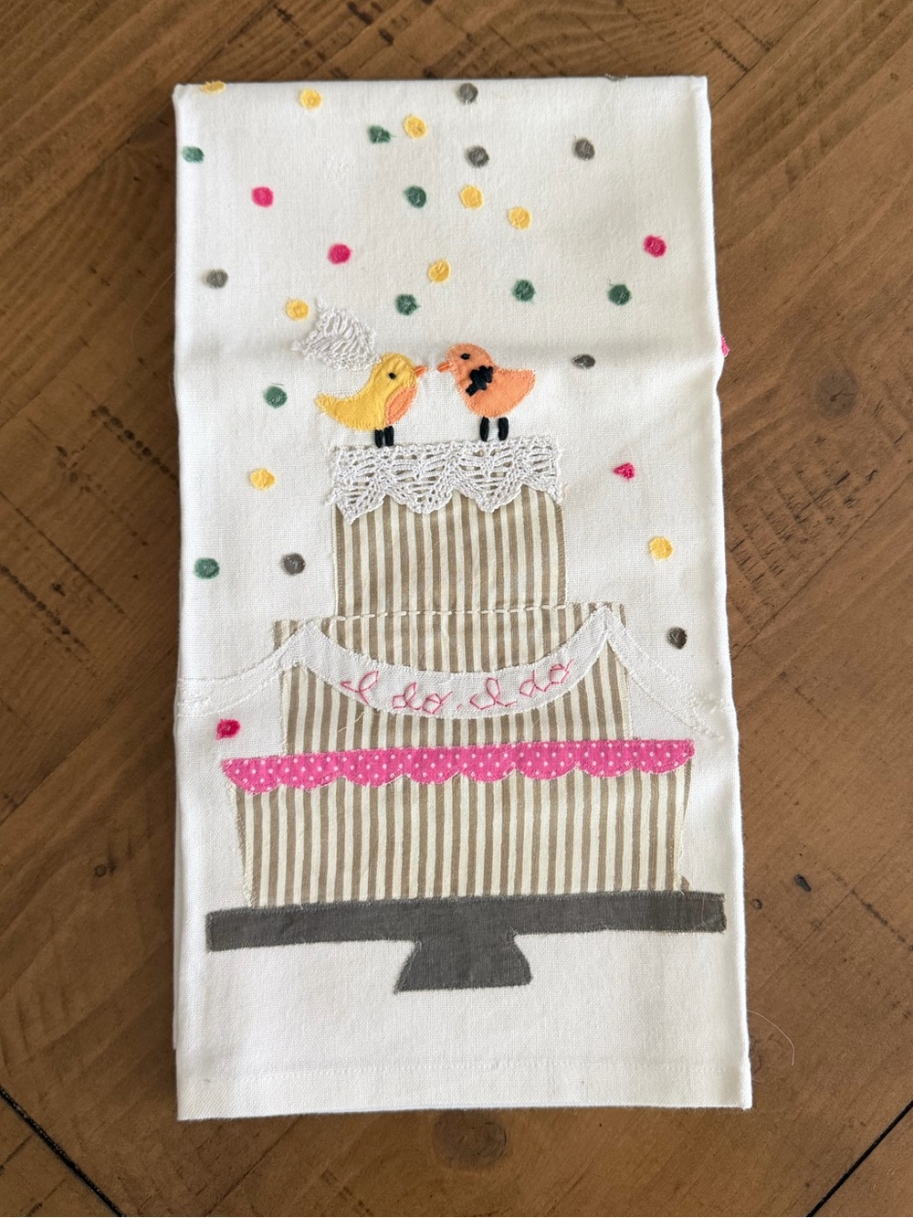 Anthropologie White Linen “I do, I do” Tea Towel w/ Textured Fabric Accents